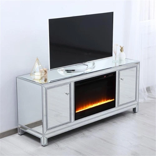 Elegant Decor Modern 60" Mirrored Crystal Fireplace TV Stand in Antique Silver - Picture 6 of 10