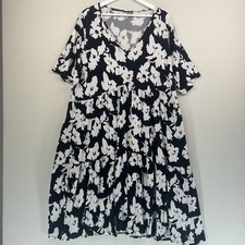 Summer Dress Womens One Size Black White Print Short Sleeve Midi V Neck Casual