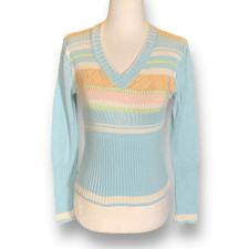 Vintage 1990s Sweater Pastel Multicolor Striped V Neck Knit Open Weave