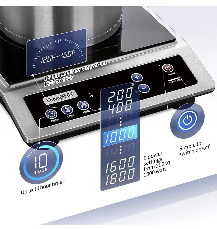 ChangBERT Induction Cooktop, Commercial Grade Portable Cooker, Large 8” 1800W - Image 4 of 4