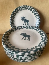 Vintage Folk Craft Moose Country Tienshan Green Spongewear 7.5” Plates  8 pc