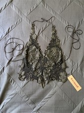 Ema Savahl Couture NWT Black Floral Mesh Halter Tie Back Top Sheer Applique