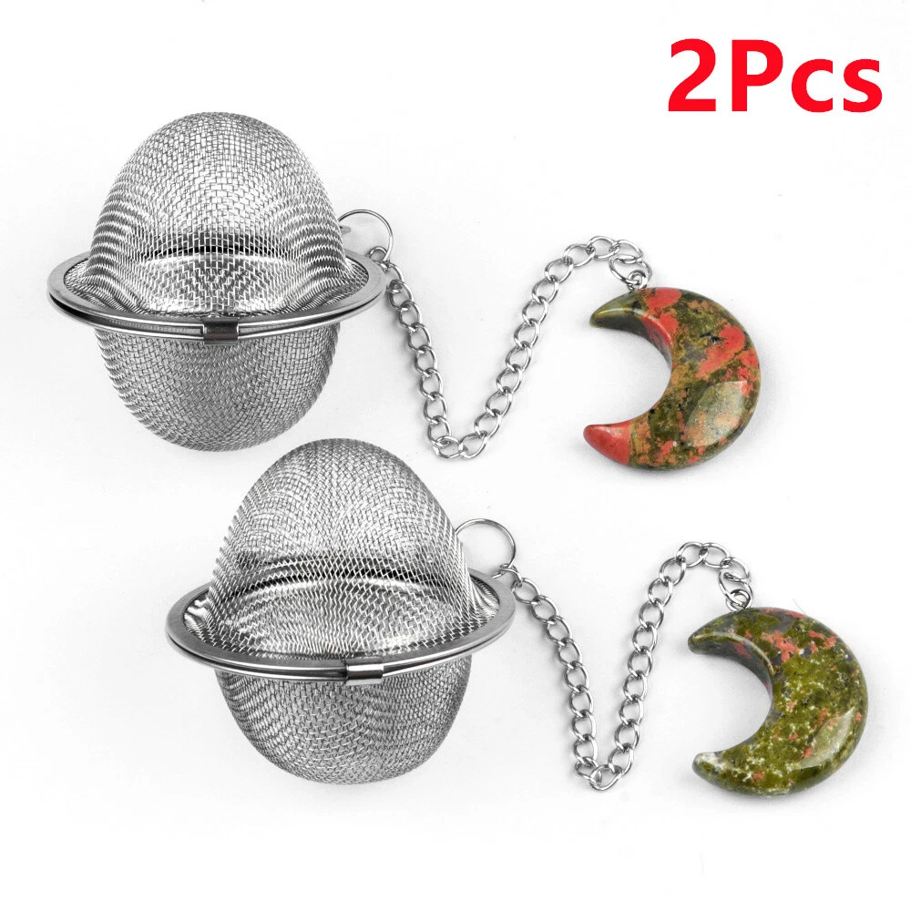 2Pcs Natural Unakite Jasper Moon Stainless Steel Tea Strainer Infusers HT2327