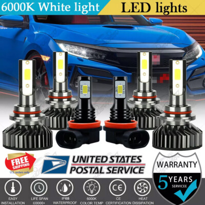 6Pcs White 9005+9006+H11 LED Headlamp Fog Kit H/L Beam For Honda Civic 2006-2015