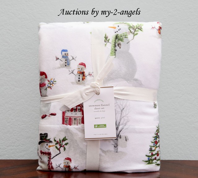 New Pottery Barn Snowman Cotton Flannel Queen Sheet Set Christmas