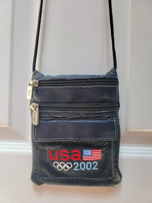Roots USA 2002 Olympics VINTAGE  LEATHER Bag Salt Lake Blue Crossbody Purse