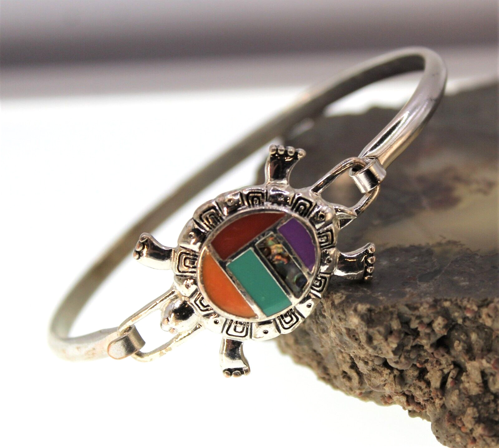 Silver Tone Turtle bangle bracelet Multi-Colored … - image 1