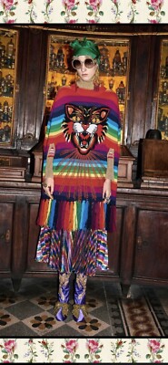 【美品】GUCCI ANGRY CAT レインボー マフラー 100% Authentic GUCCI Runway Multi Color Rainbow Angry Cat Wool