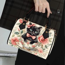 Bolso de Mano Preppy Negro Gato Barril, Cartera Cottagecore, Lindo Bolso Boston Gato