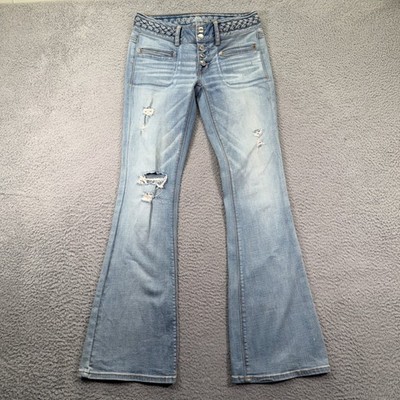 American Eagle Artist Flare Jeans Womens 4 Distressed Braided Waist Light Wash