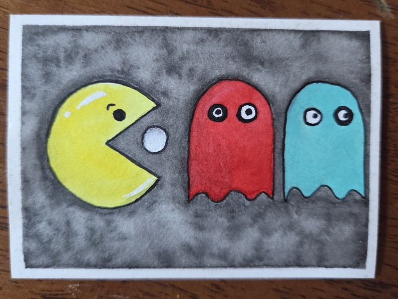  ACEO Pac-Man & Ghosts Watercolor Painting 