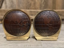 Vintage Metal Brass Carved WORLD GLOBE Bookends Matina Made In USA MCM Library