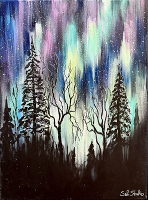 #ad #ad Northern Lights Painting Aurora Borealis Original Landscape Night Sky Minnesota  $155.00