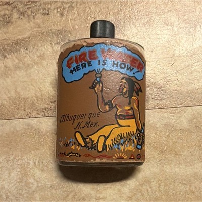 Brown Souvenir Flask Screw Cap Painted ''Fire Water'' Albuquerque N. Mex.