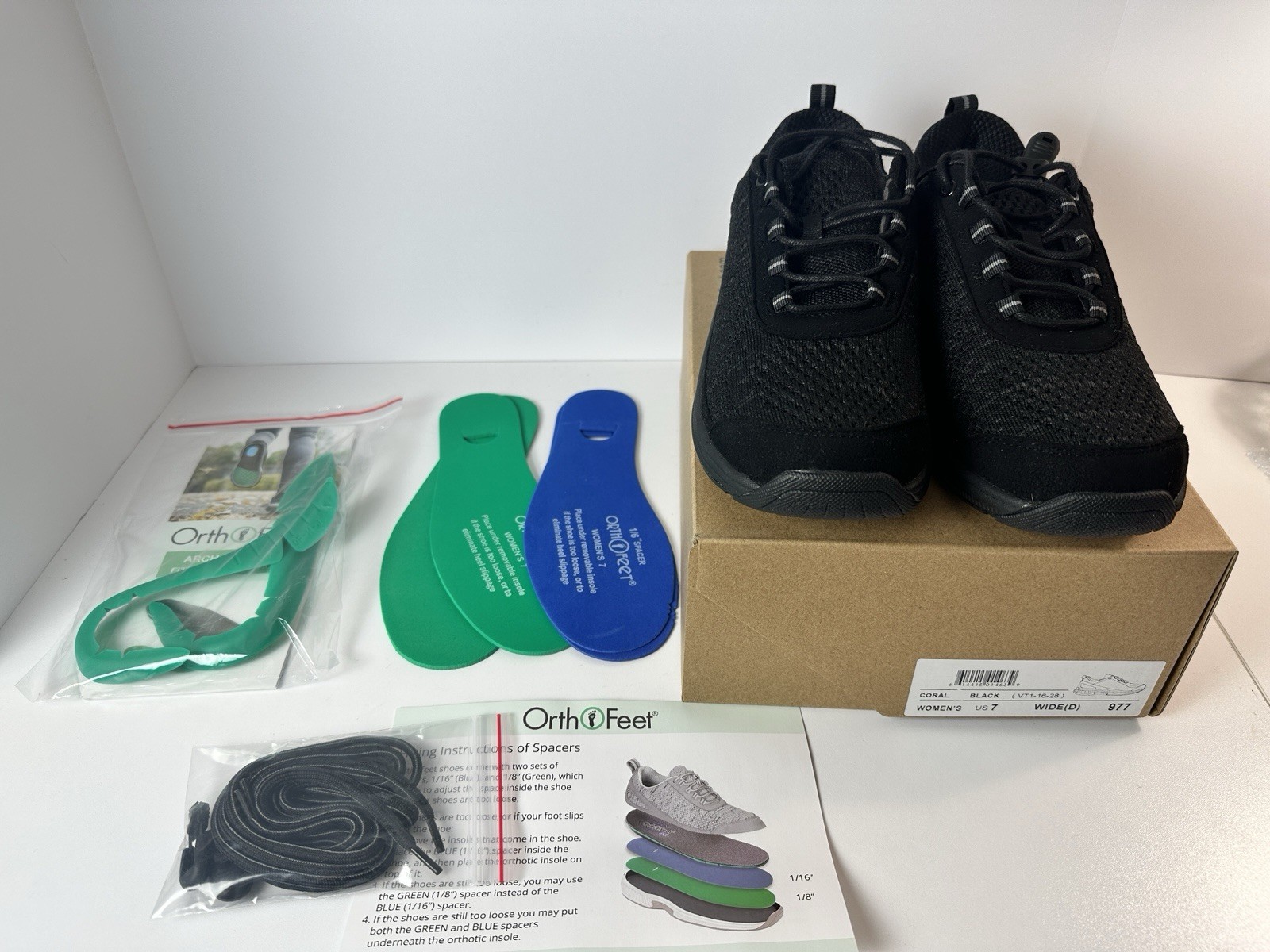 OrthoFeet 977 Coral No-Tie Lace Athletic Orthotic Shoe Black Women's 7 Wide