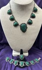 Vintage Mexico Green Onyx & Sterling Silver Jewelry Set Mayan Style Masks