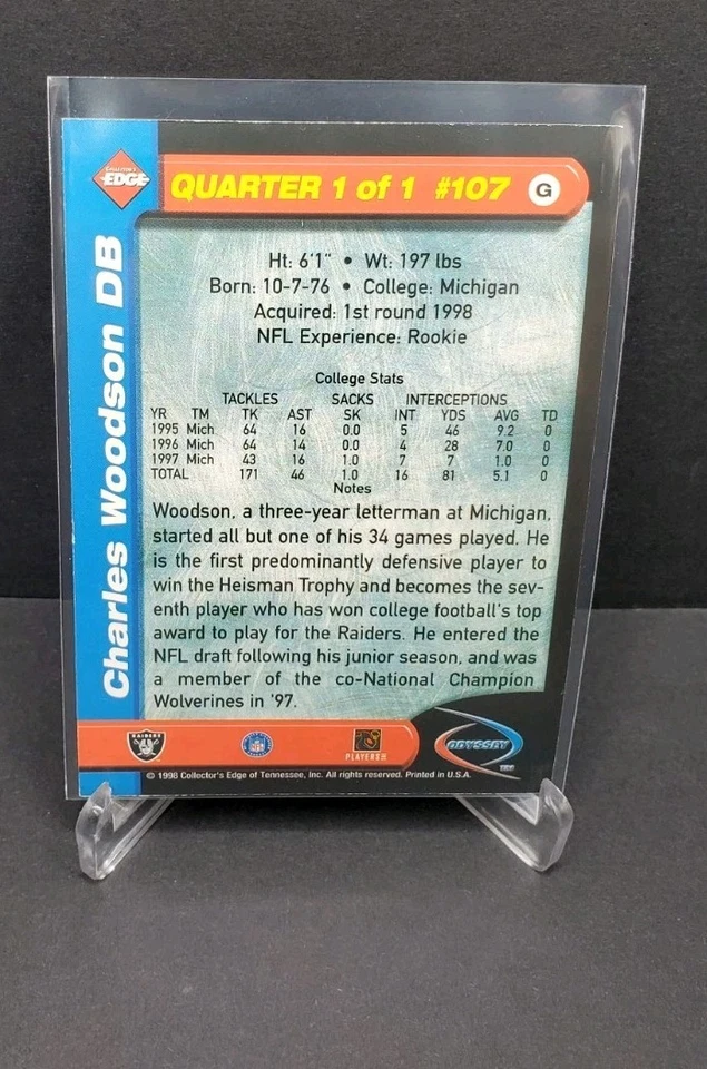 1998 Collector's Edge Odyssey Charles Woodson #107 (RC) Raiders - Image 2 of 3