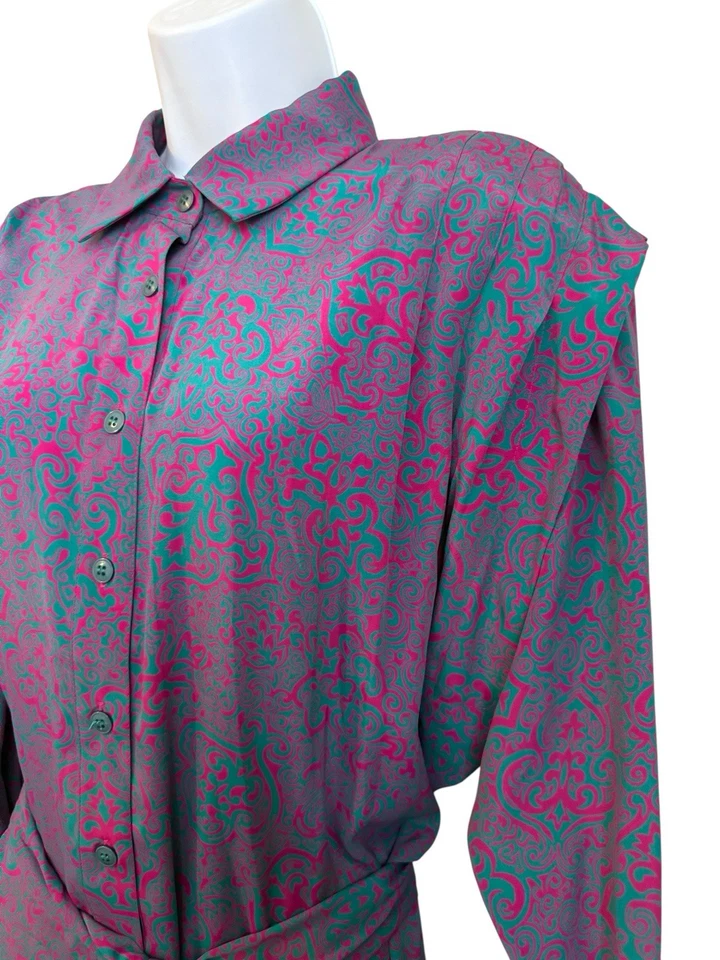 Vestido Schrader Vintage Rosa Teal Años 70 80 Midi Manga Larga Cinturón Mujer’s Talla 16 Foto 4 de 4