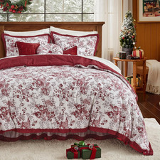 Christmas Bedding, 5 Pieces Red Floral Cotton Comforter Set Queen, Farmhouse Lig