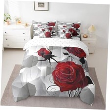 Rose Comforter Set Size 7 Pieces, Girls Women Romantic Rose Full Gray Red