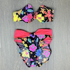 Vtg 90's HOBIE Neon Notch Bandeau Bikini Top  Bottom Sz 5/6 Small MADE IN USA