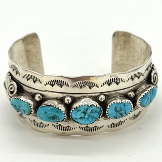 M. Thomas Navajo Sterling Silver Turquoise Deep Stamps Cuff Bangle 7”