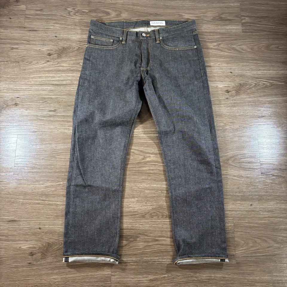 Pantalones de mezclilla ajustados Gustin #388 Italia ribete 34x29 botón mosca hechos en EE. UU. elásticos Foto 3 de 4