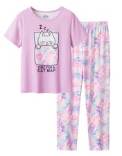 Little Big Girls Pajamas 2PCS Set Soft Pink Cat Short Sleeve with 6,