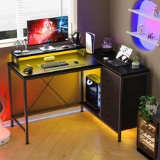 L Shaped Computer Desk Gaming Writing Wooden Table With Power Outlets LED Lights