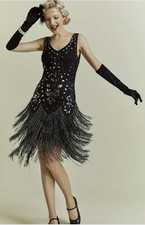 FLAPPER 1920s DRESS- Roaring 20s Great Gatsby Costume Dress - Black Fringed