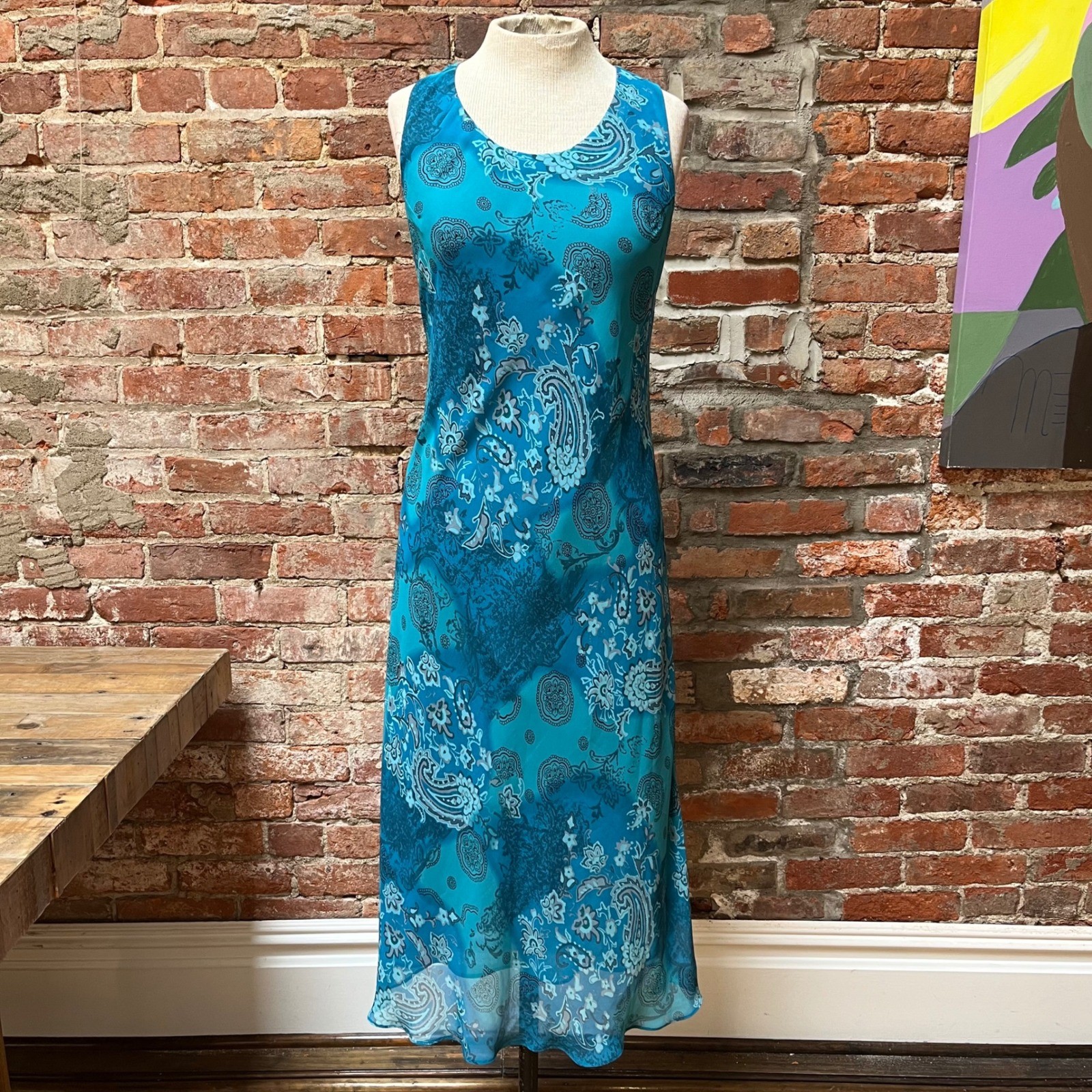 Teal Blue Paisley Floral Sleeveless Midi Dress Chiffon Boho Summer