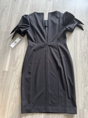 Calvin Klein Sheath Dress Black 8 Puff Short Sleeve Bow Round Neck Knee Length