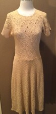 Vintage Retro 6/8 Beaded Tan Ecru Lacy Knit Party Dress W Short Sleeves