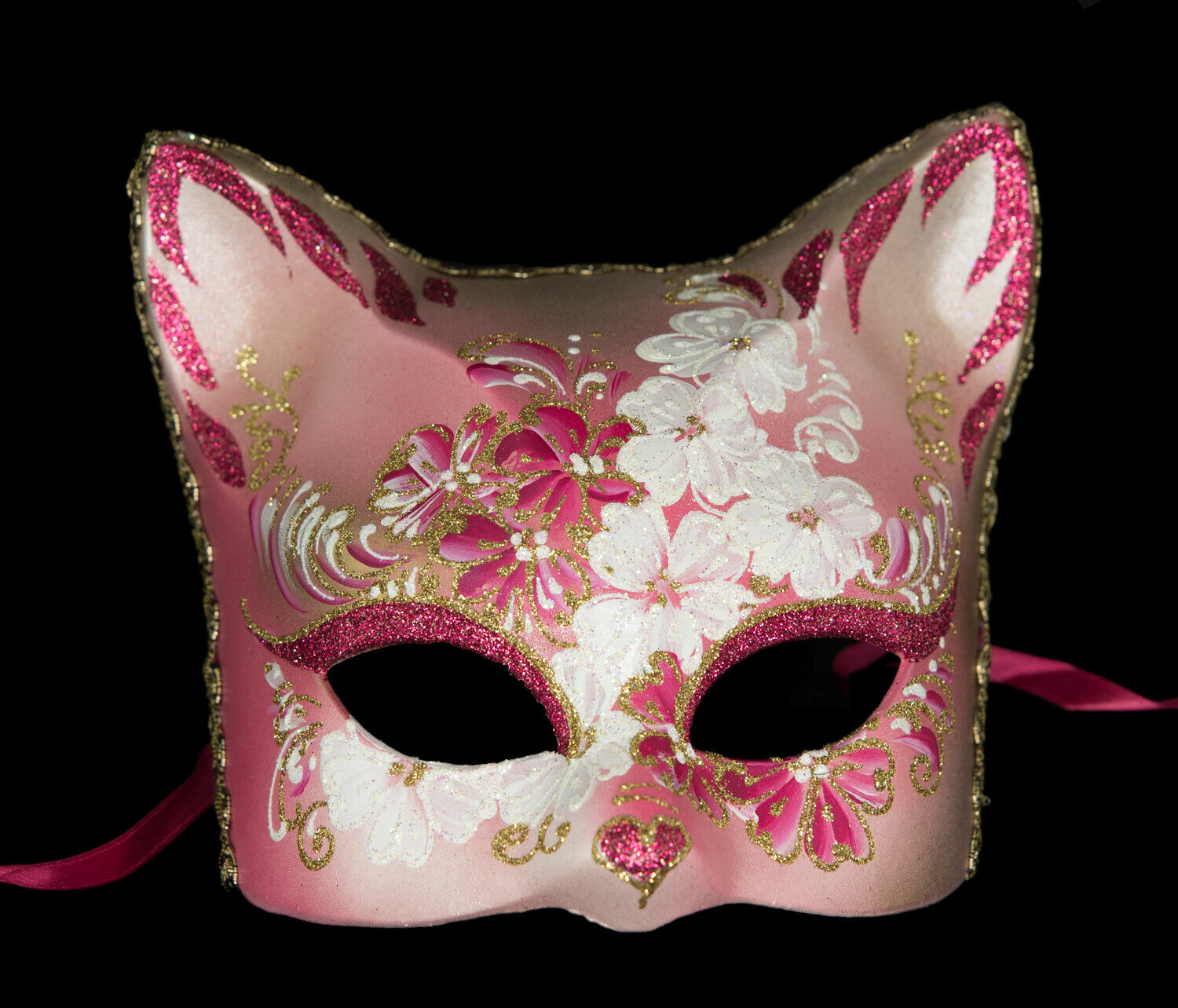 Mask from Venice Cat Flowers Pink Golden Top Quality Painted Handmade 1955 X4D