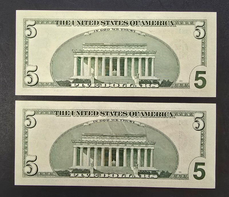 Two Sequential 2001 STAR NOTES Uncirculated $5 Federal Reserve Notes ...