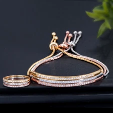 Gold Plated Slim Cubic Zirconia Adjustable Bracelet Bangle and Ring Jewelry Set