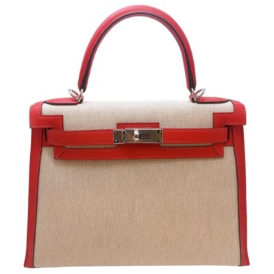HERMES Kelly 28 Toile H/Swift Hand Bag Beige/Vermillion Stamp D