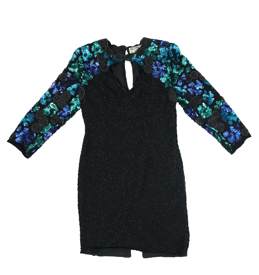 Vtg LA SCALA US Women’s PM MP Black Silk Beaded Evening Party Dress Open Front - Image 4 of 4