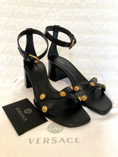 Women Versace Medusa Head Embellished Vitello Black Sandal Heels S 37 MRSP $795