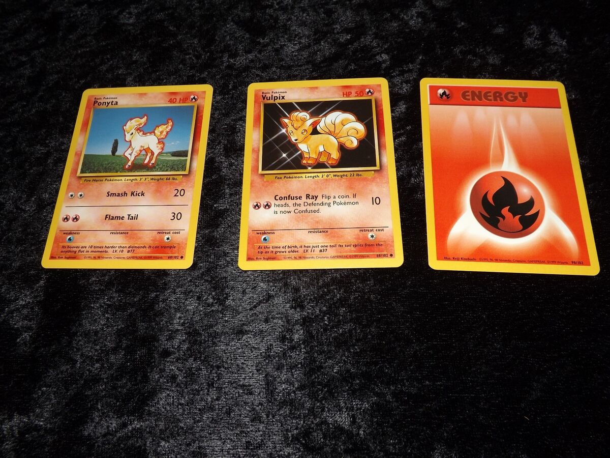 Original Base Set Pokemon Cards Vulpix, Ponyta and Fire Energy