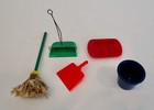 Vintage dollhouse miniature plastic cleaning supplies mop bucket sweeper Irwin