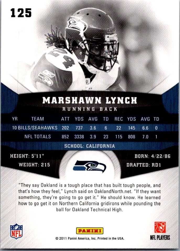 Marshawn Lynch 2011 Panini Gridiron Gear #125 Seattle Seahawks Football Card NFL - Image 2 of 2