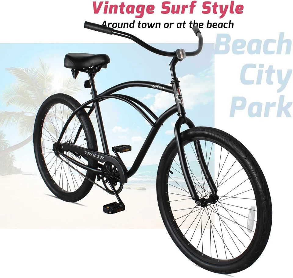 Bicicletas Beach Cruiser de 26" de una sola velocidad para hombre bicicleta retro Hi-Ten marco de acero  Foto 4 de 4