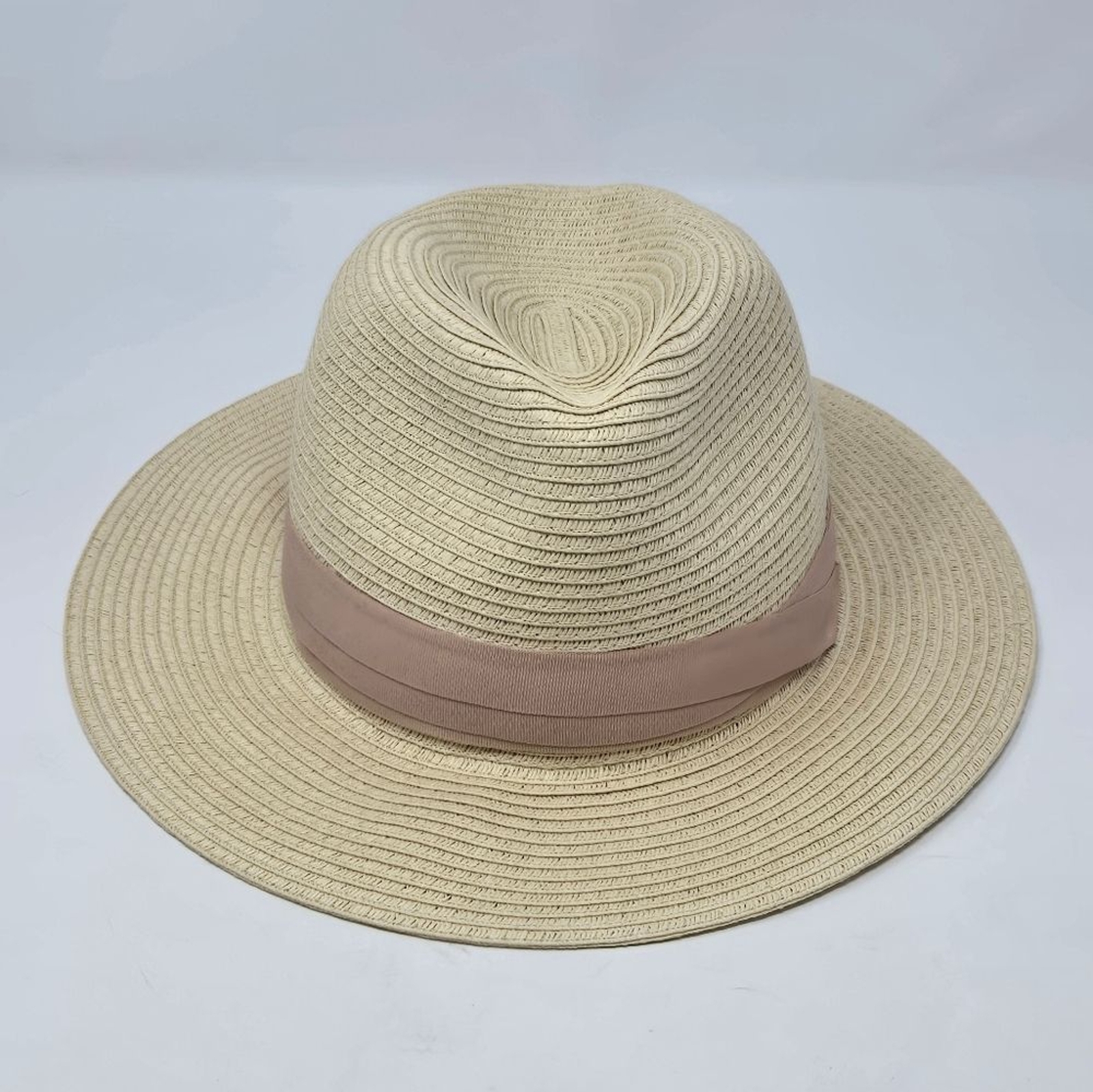 H&M NATURAL PAPER STRAW CREAM FEDORA DUSTY ROSE PINK RIBBON BAND WOMEN LARGE 58