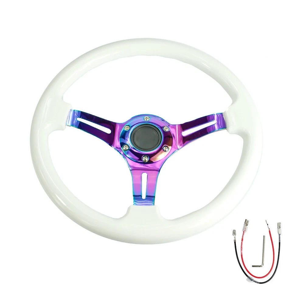350mm 14inch Universal ABS Deep Dished Racing Steering Wheel Neo Chrome & White - Image 4 of 4