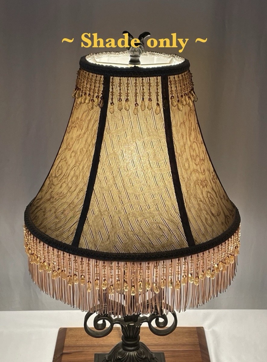 Victorian Art Deco Style Lamp Shade Beige Fabric Amber Gold Beaded