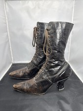 Antique Victorian Tall Heeled Boots Black Leather Lace Up 1890s Witchy Grunge