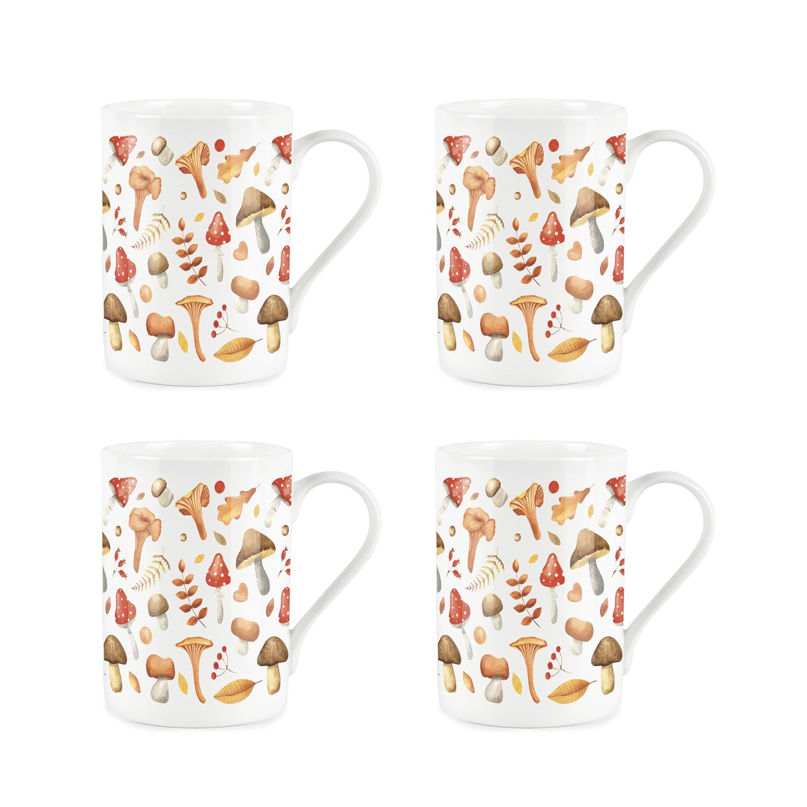 Autumn Mushrooms Bone China Mugs - Tea/Coffee Cup Present Set of 4 Gift