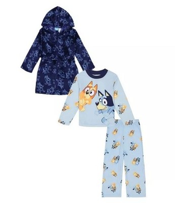 Bluey and Bingo Boy's Fleece Hooded Blue Bathrobe and Pajama Set, Size 8