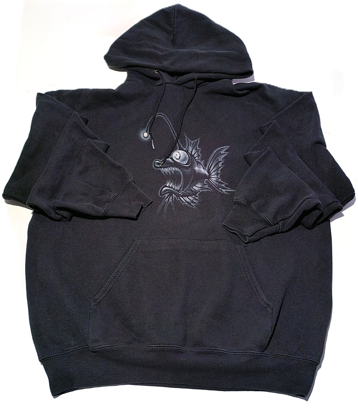 Vintage Fruit of the Loom Crazy Fish Hoodie Black Size L - Double Sided Graphic